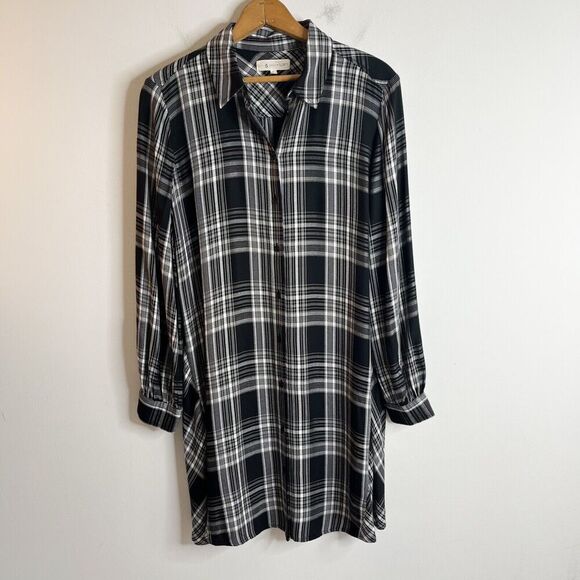 Lou & Grey Women's Plaid Shirtdress Size S Black & White Long Sleeve Button Up - Picture 4 of 9